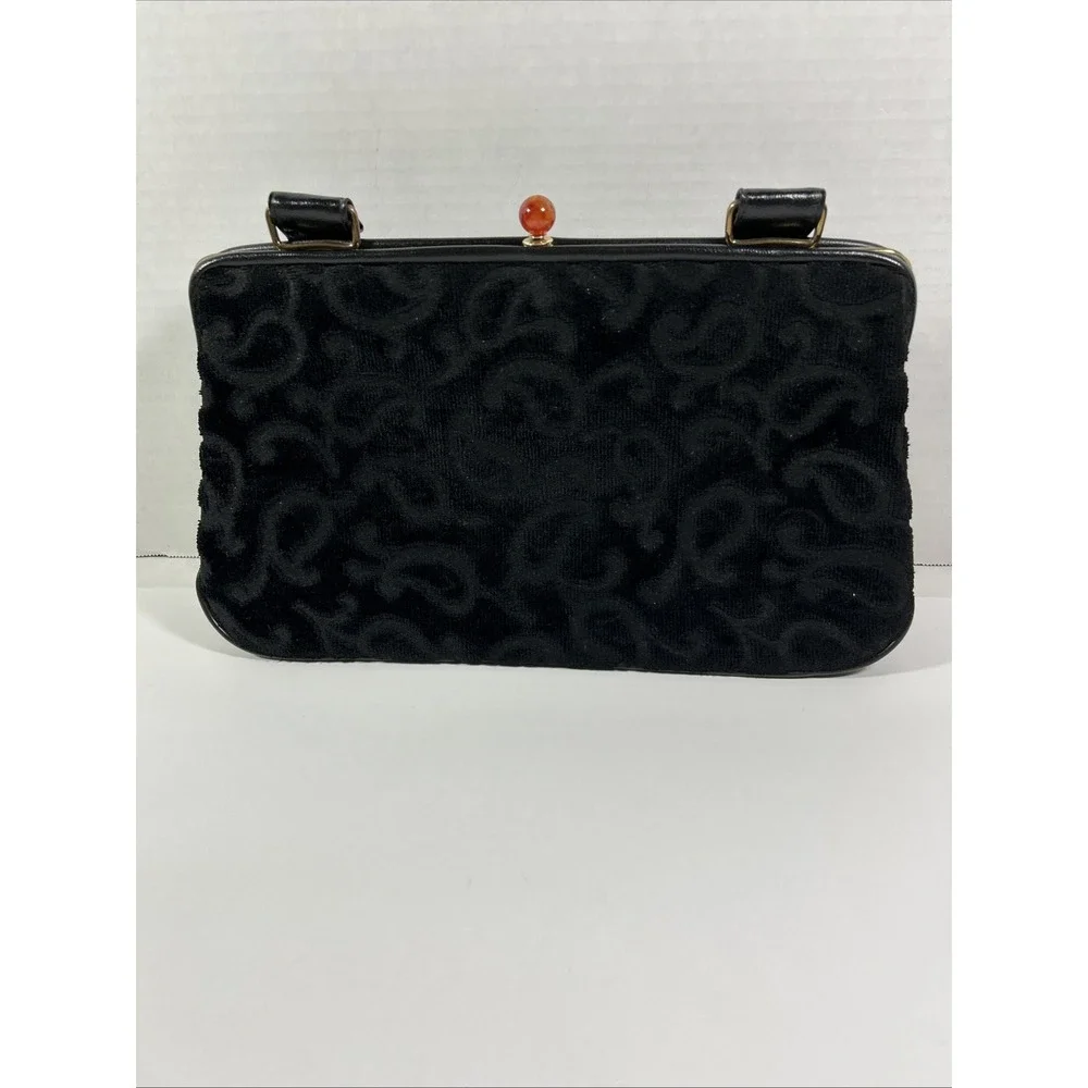Vintage Black‎ Flocked Velvet Scroll Clutch Purse With Handle 11 1/2 X 8